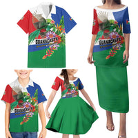 Costa Rica Guanacaste Day Family Matching Puletasi and Hawaiian Shirt Resplendent Quetzal Tropical Flowers - Wonder Print Shop