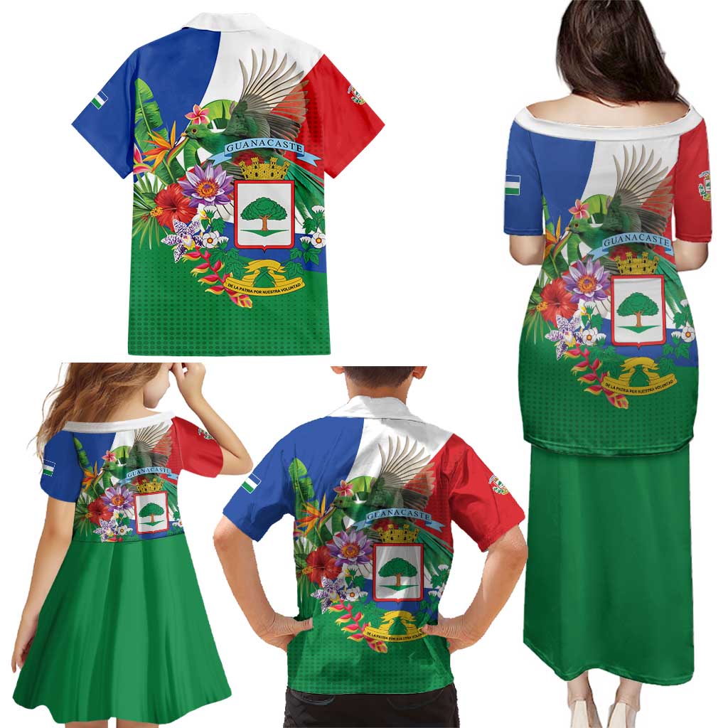 Costa Rica Guanacaste Day Family Matching Puletasi and Hawaiian Shirt Resplendent Quetzal Tropical Flowers - Wonder Print Shop