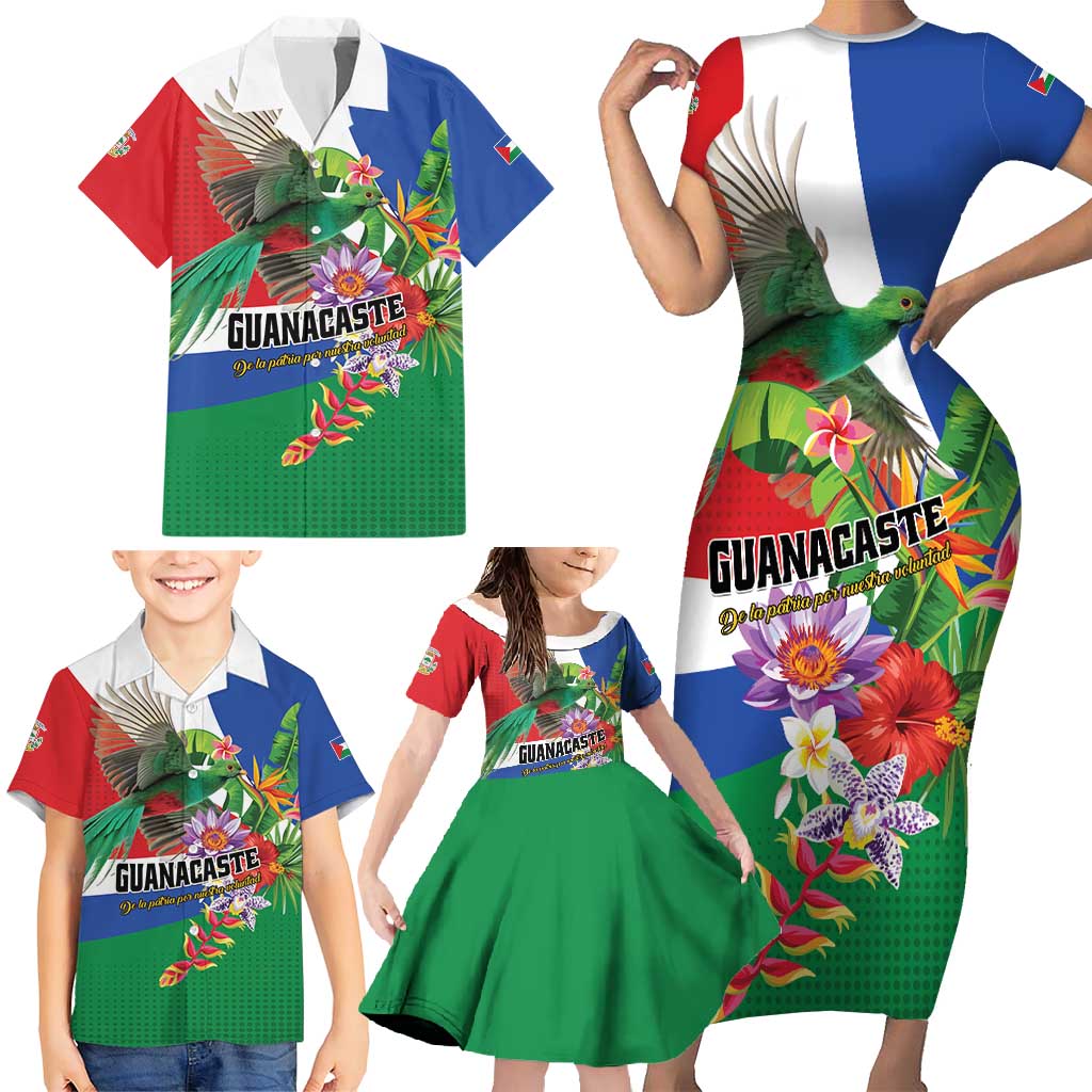 Costa Rica Guanacaste Day Family Matching Short Sleeve Bodycon Dress and Hawaiian Shirt Resplendent Quetzal Tropical Flowers - Wonder Print Shop