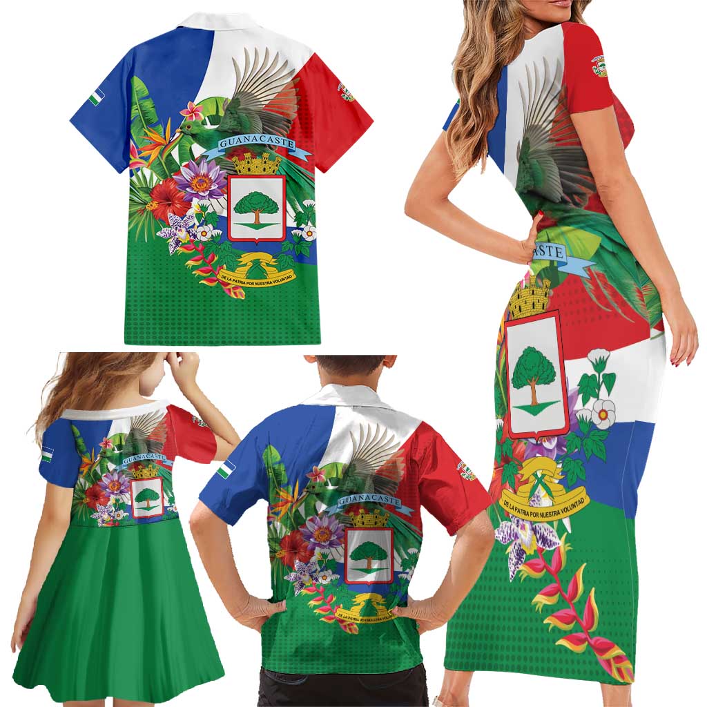 Costa Rica Guanacaste Day Family Matching Short Sleeve Bodycon Dress and Hawaiian Shirt Resplendent Quetzal Tropical Flowers - Wonder Print Shop