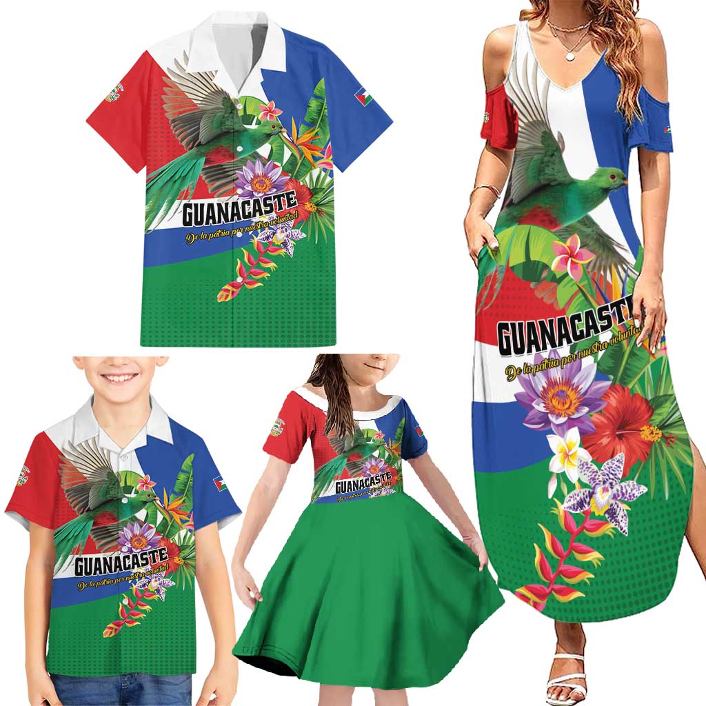 Costa Rica Guanacaste Day Family Matching Summer Maxi Dress and Hawaiian Shirt Resplendent Quetzal Tropical Flowers - Wonder Print Shop