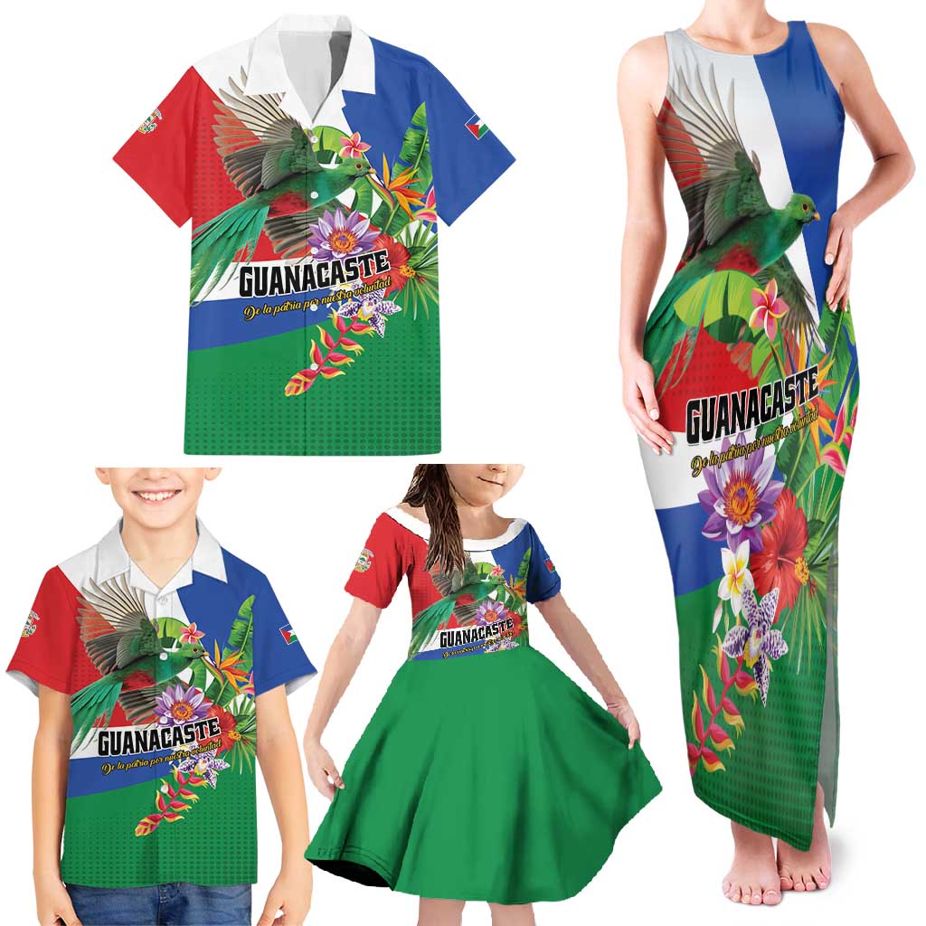 Costa Rica Guanacaste Day Family Matching Tank Maxi Dress and Hawaiian Shirt Resplendent Quetzal Tropical Flowers - Wonder Print Shop