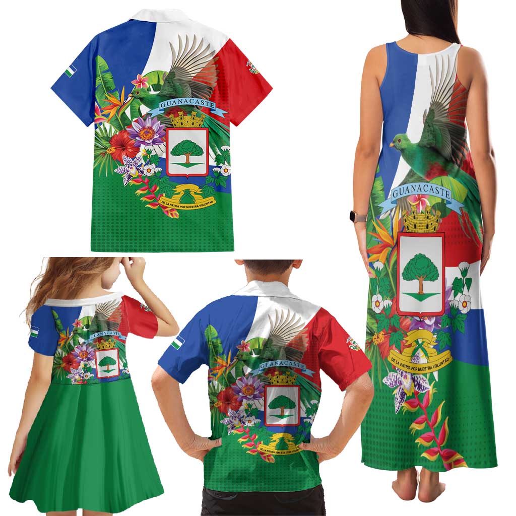 Costa Rica Guanacaste Day Family Matching Tank Maxi Dress and Hawaiian Shirt Resplendent Quetzal Tropical Flowers - Wonder Print Shop