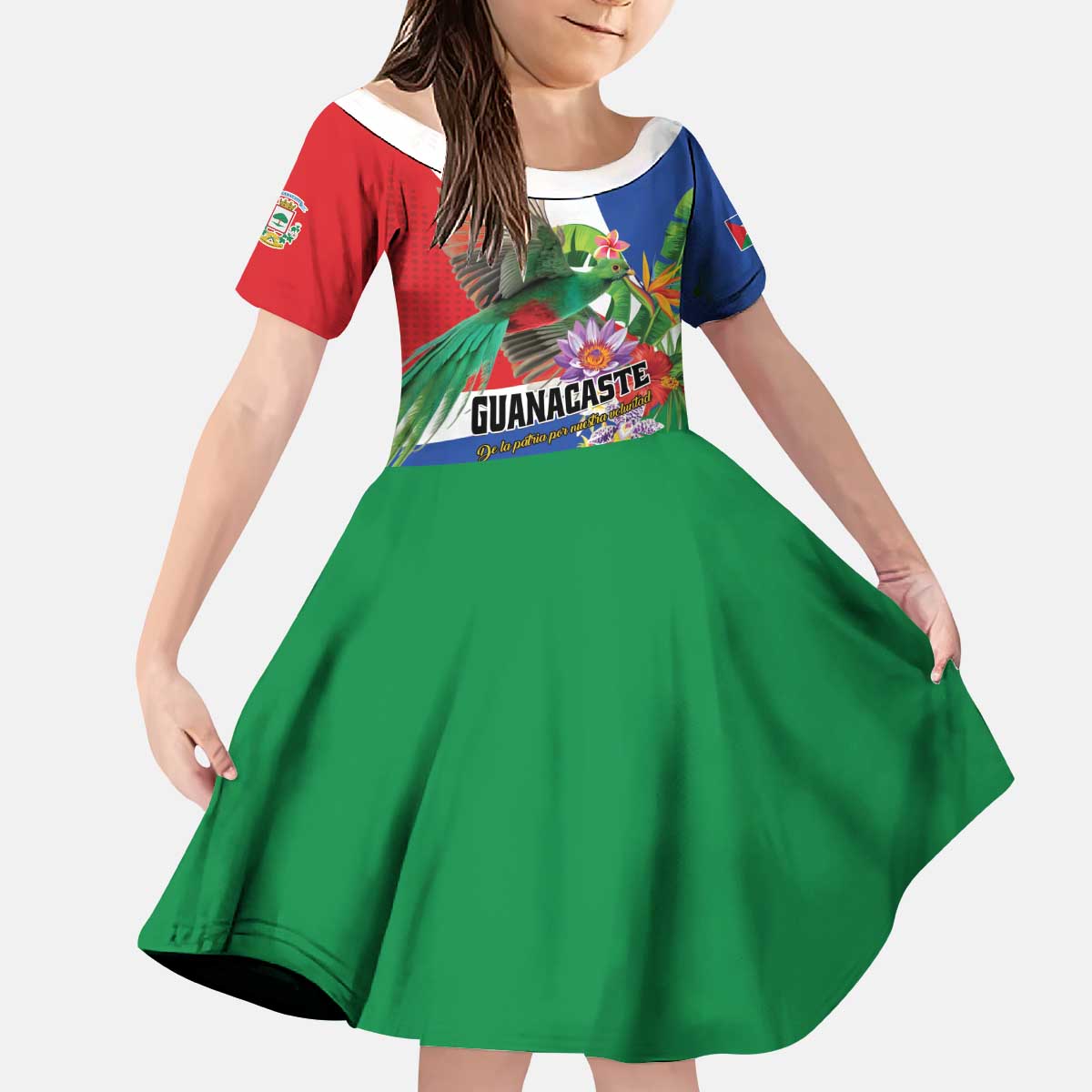 Costa Rica Guanacaste Day Kid Short Sleeve Dress Resplendent Quetzal Tropical Flowers - Wonder Print Shop