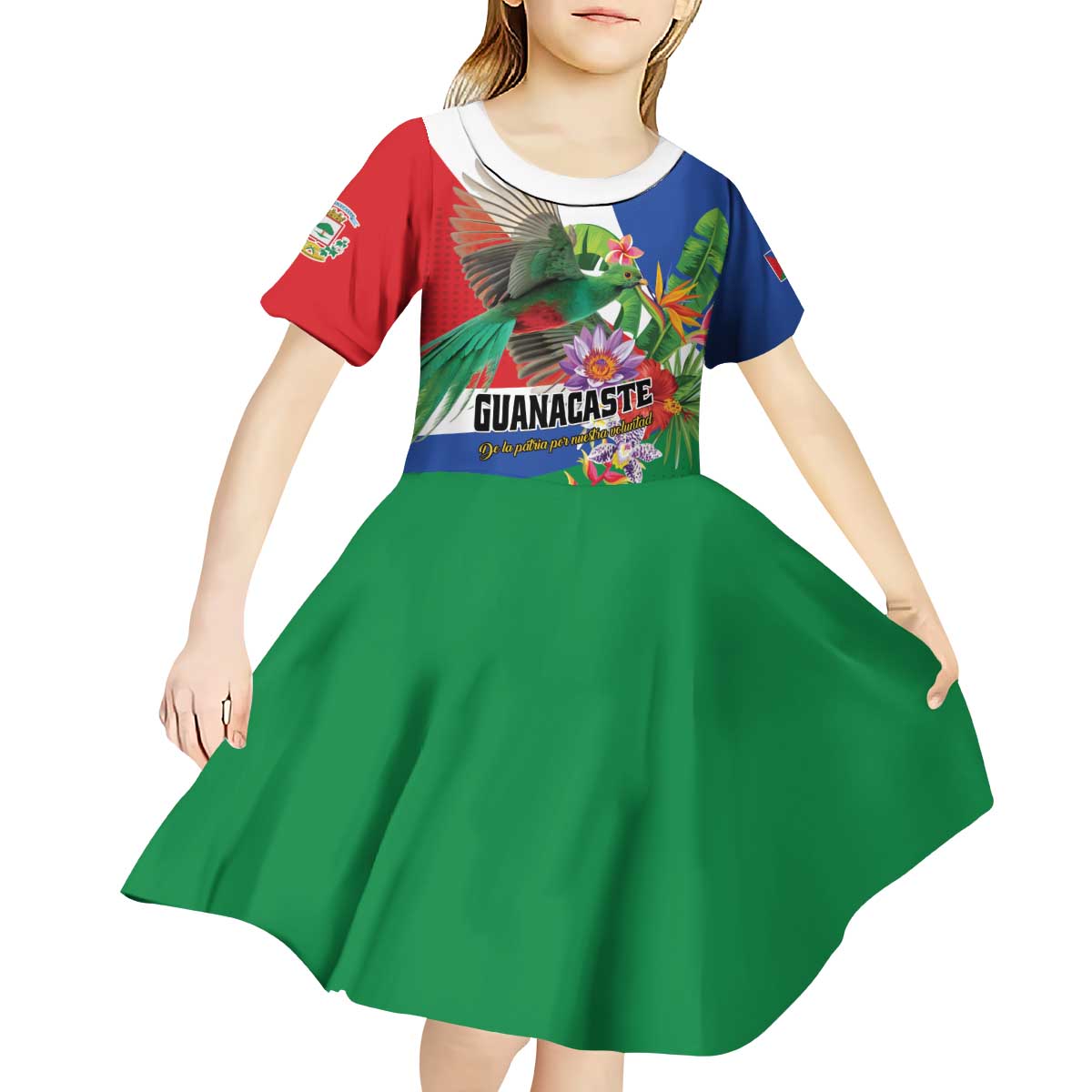Costa Rica Guanacaste Day Kid Short Sleeve Dress Resplendent Quetzal Tropical Flowers - Wonder Print Shop