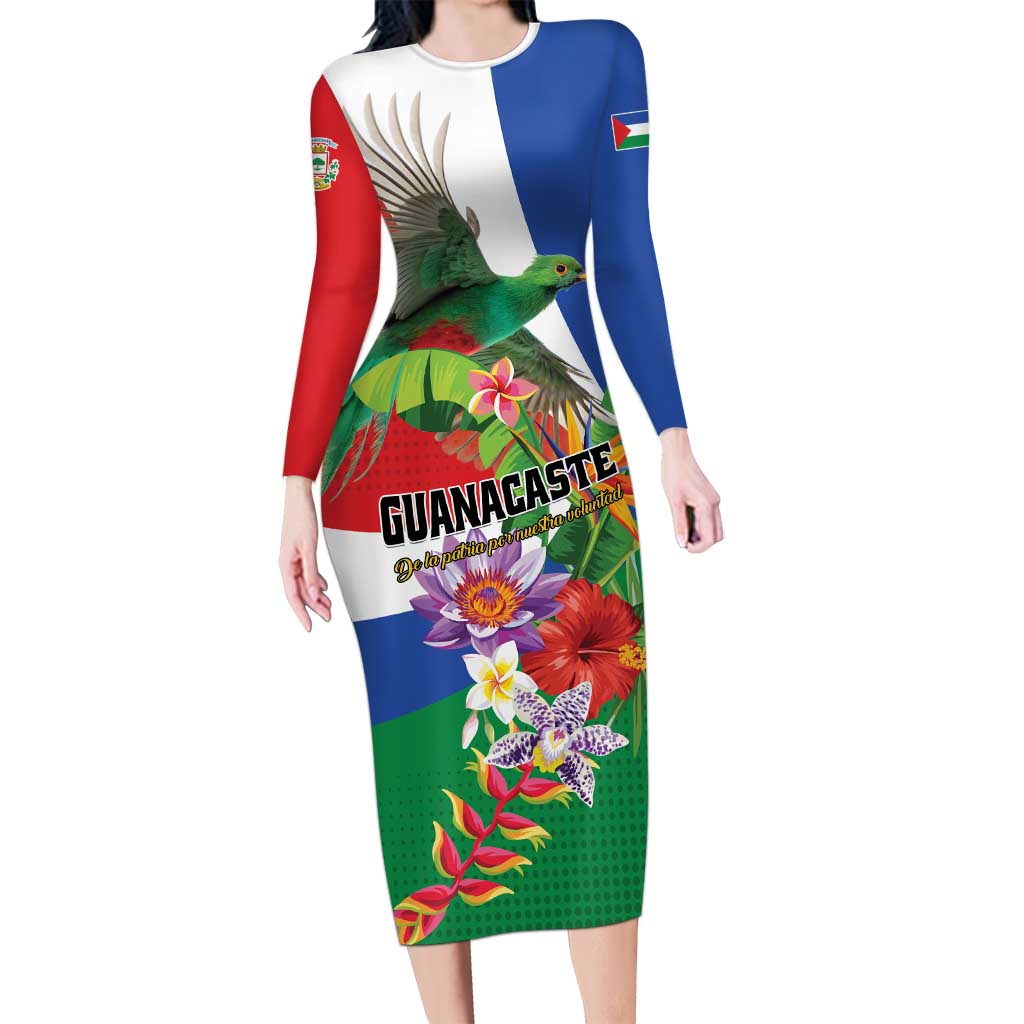 Costa Rica Guanacaste Day Long Sleeve Bodycon Dress Resplendent Quetzal Tropical Flowers - Wonder Print Shop