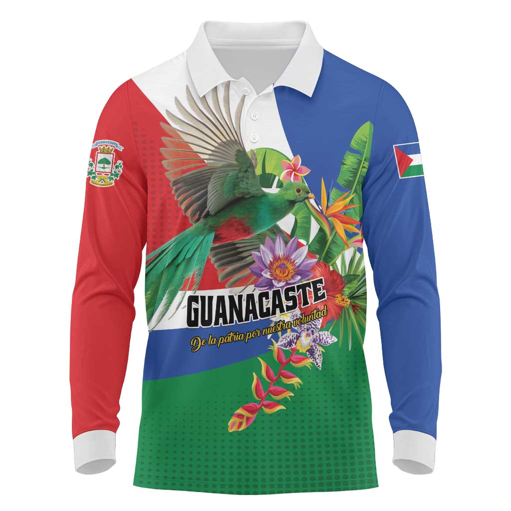 Costa Rica Guanacaste Day Long Sleeve Polo Shirt Resplendent Quetzal Tropical Flowers - Wonder Print Shop
