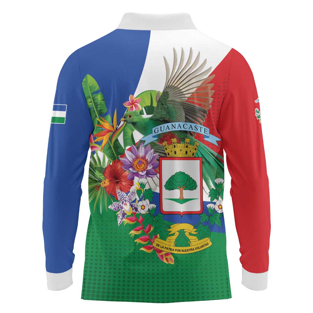 Costa Rica Guanacaste Day Long Sleeve Polo Shirt Resplendent Quetzal Tropical Flowers - Wonder Print Shop