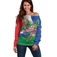 Costa Rica Guanacaste Day Off Shoulder Sweater Resplendent Quetzal Tropical Flowers - Wonder Print Shop