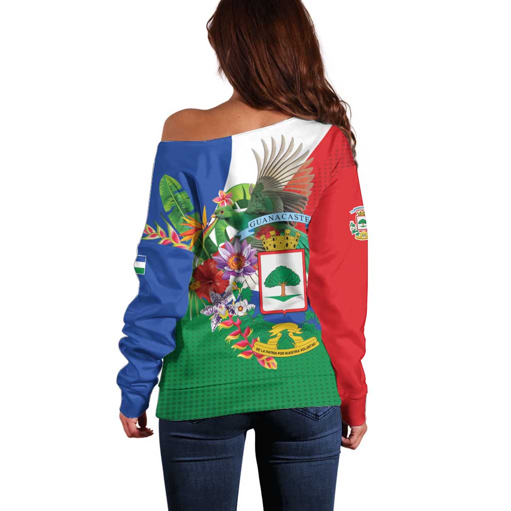 Costa Rica Guanacaste Day Off Shoulder Sweater Resplendent Quetzal Tropical Flowers - Wonder Print Shop