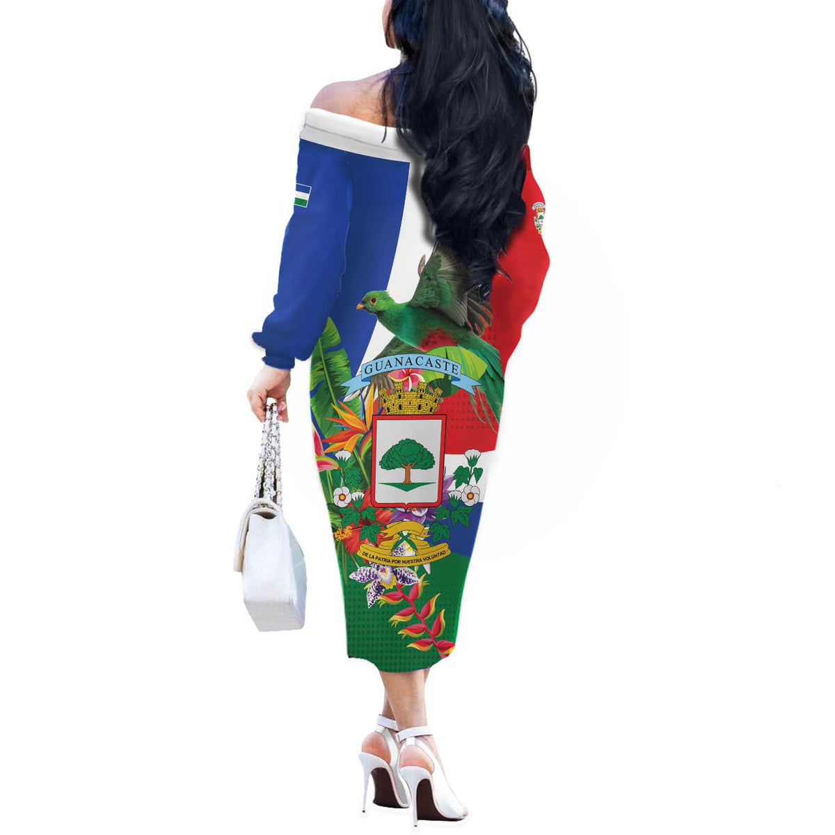Costa Rica Guanacaste Day Off The Shoulder Long Sleeve Dress Resplendent Quetzal Tropical Flowers - Wonder Print Shop