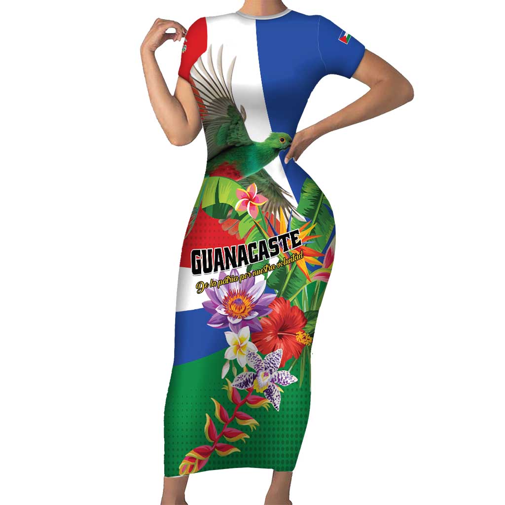 Costa Rica Guanacaste Day Short Sleeve Bodycon Dress Resplendent Quetzal Tropical Flowers - Wonder Print Shop