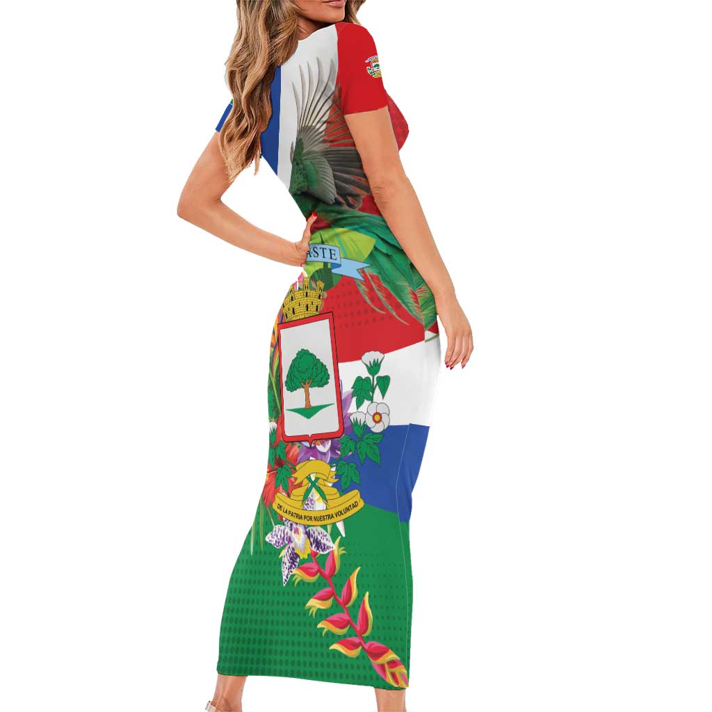 Costa Rica Guanacaste Day Short Sleeve Bodycon Dress Resplendent Quetzal Tropical Flowers - Wonder Print Shop