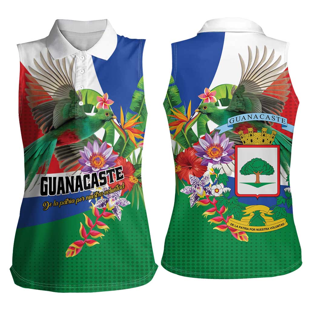 Costa Rica Guanacaste Day Women Sleeveless Polo Shirt Resplendent Quetzal Tropical Flowers - Wonder Print Shop