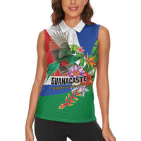 Costa Rica Guanacaste Day Women Sleeveless Polo Shirt Resplendent Quetzal Tropical Flowers - Wonder Print Shop