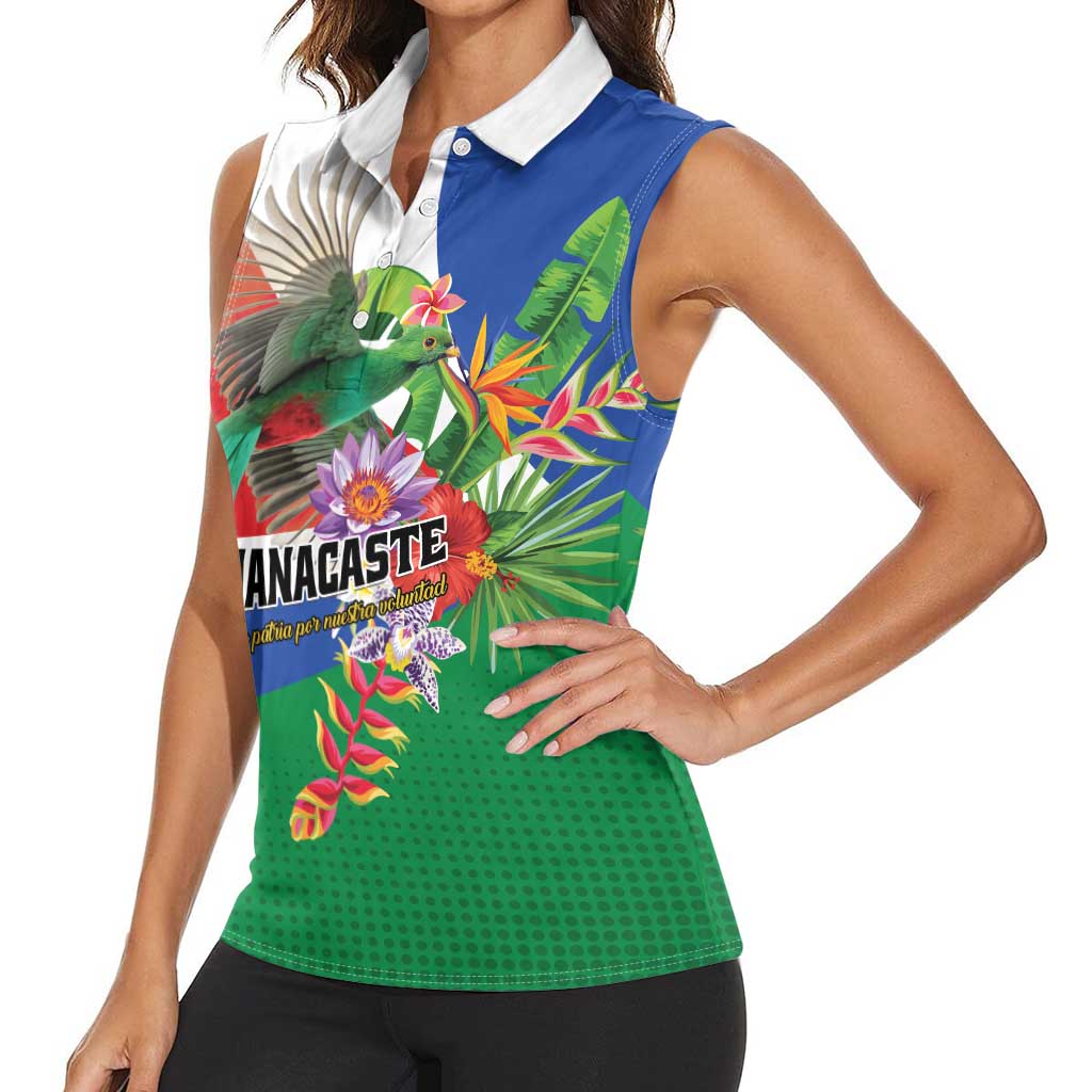 Costa Rica Guanacaste Day Women Sleeveless Polo Shirt Resplendent Quetzal Tropical Flowers - Wonder Print Shop