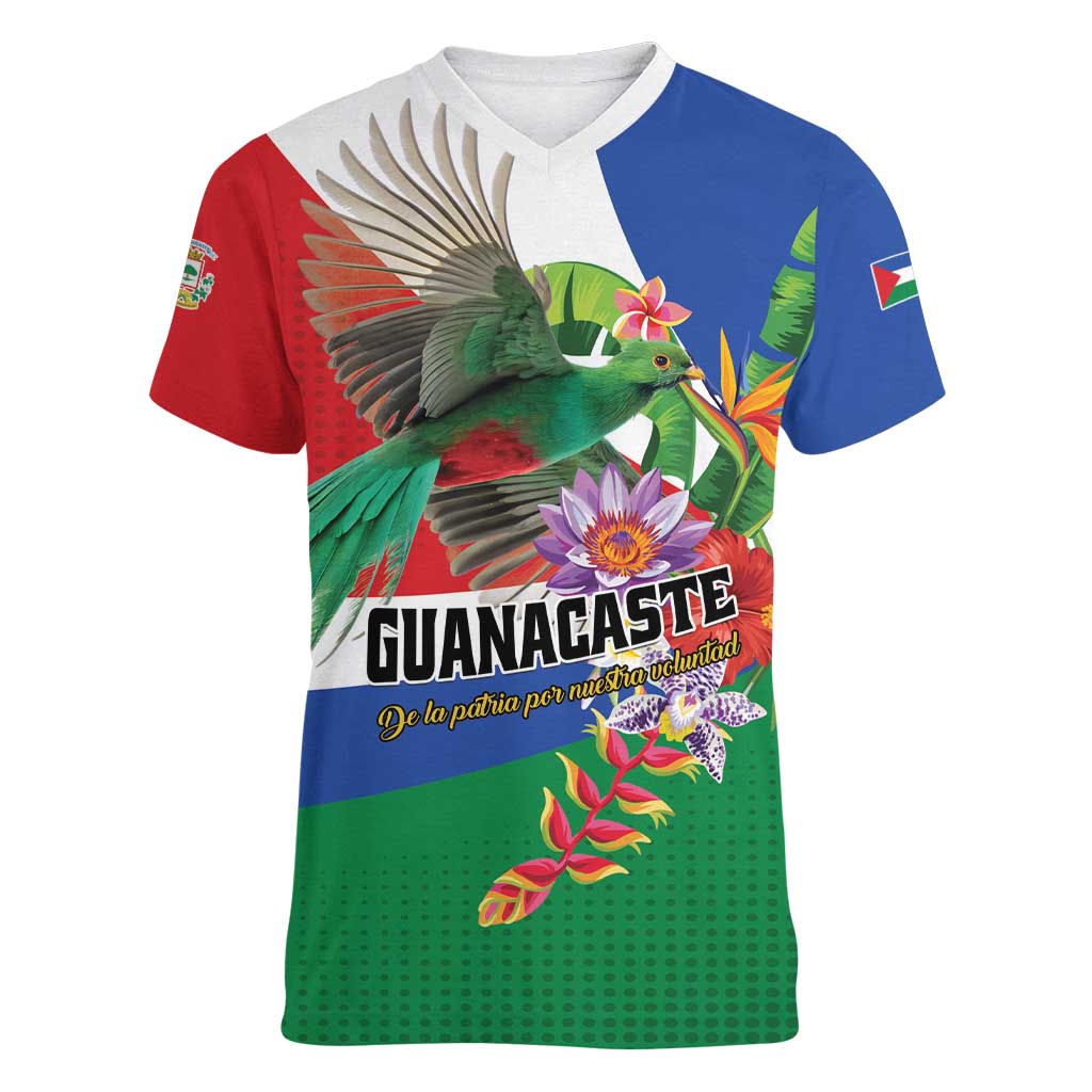 Costa Rica Guanacaste Day Women V-Neck T-Shirt Resplendent Quetzal Tropical Flowers - Wonder Print Shop