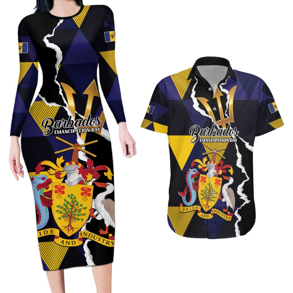 Personalized Barbados Emancipation Day Couples Matching Long Sleeve Bodycon Dress and Hawaiian Shirt Luxury Gold Trident - Wonder Print Shop