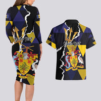 Personalized Barbados Emancipation Day Couples Matching Long Sleeve Bodycon Dress and Hawaiian Shirt Luxury Gold Trident - Wonder Print Shop