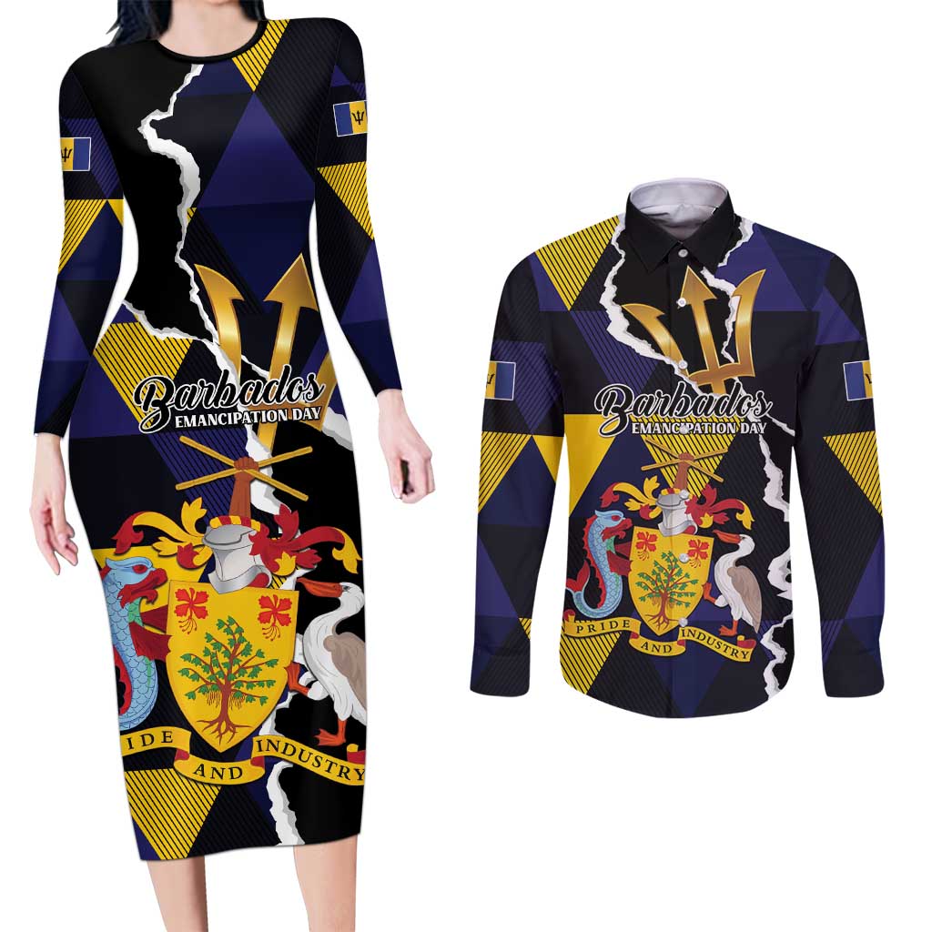 Personalized Barbados Emancipation Day Couples Matching Long Sleeve Bodycon Dress and Long Sleeve Button Shirt Luxury Gold Trident - Wonder Print Shop