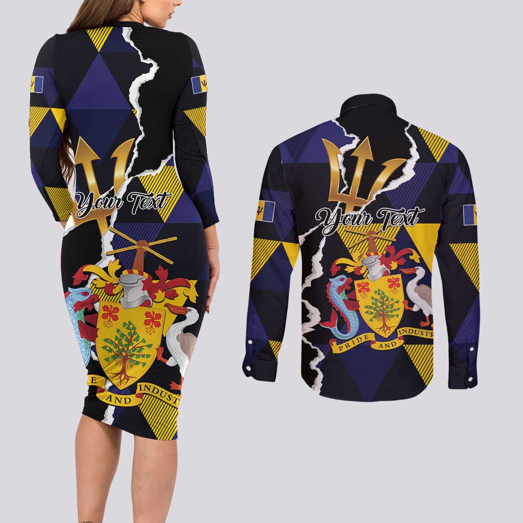 Personalized Barbados Emancipation Day Couples Matching Long Sleeve Bodycon Dress and Long Sleeve Button Shirt Luxury Gold Trident - Wonder Print Shop