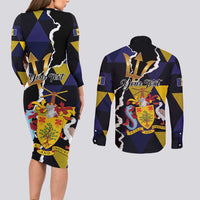 Personalized Barbados Emancipation Day Couples Matching Long Sleeve Bodycon Dress and Long Sleeve Button Shirt Luxury Gold Trident - Wonder Print Shop