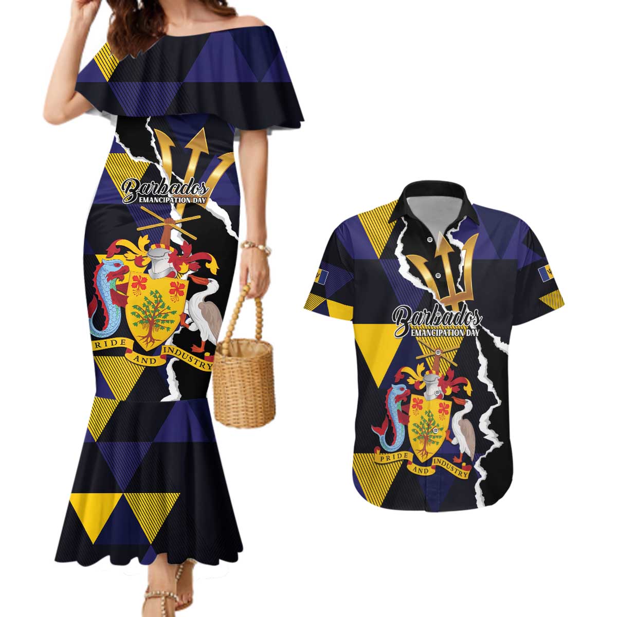 Personalized Barbados Emancipation Day Couples Matching Mermaid Dress and Hawaiian Shirt Luxury Gold Trident - Wonder Print Shop