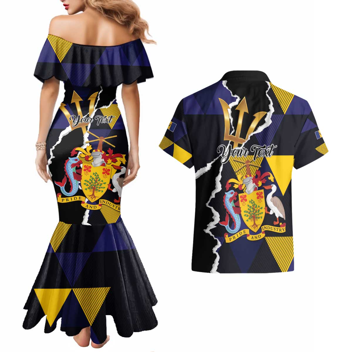 Personalized Barbados Emancipation Day Couples Matching Mermaid Dress and Hawaiian Shirt Luxury Gold Trident - Wonder Print Shop