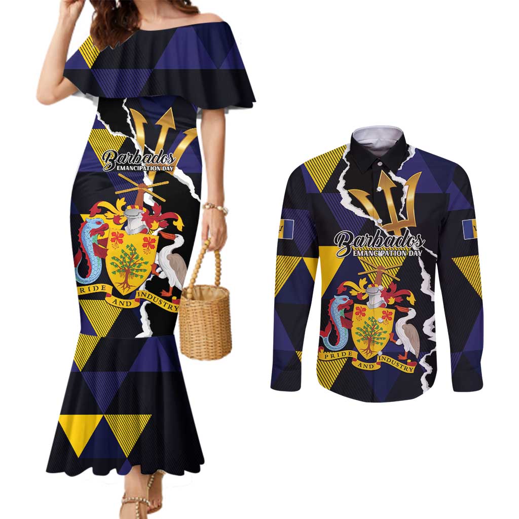 Personalized Barbados Emancipation Day Couples Matching Mermaid Dress and Long Sleeve Button Shirt Luxury Gold Trident - Wonder Print Shop
