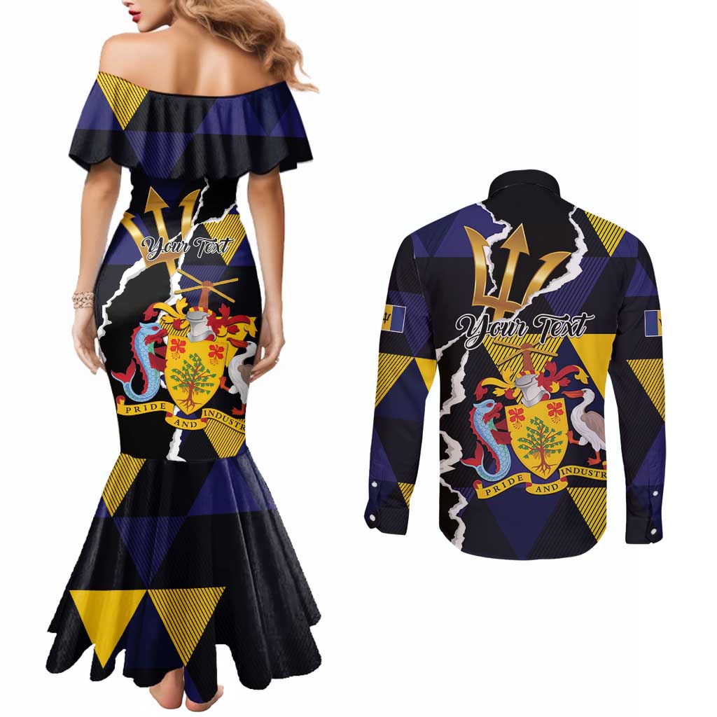 Personalized Barbados Emancipation Day Couples Matching Mermaid Dress and Long Sleeve Button Shirt Luxury Gold Trident - Wonder Print Shop