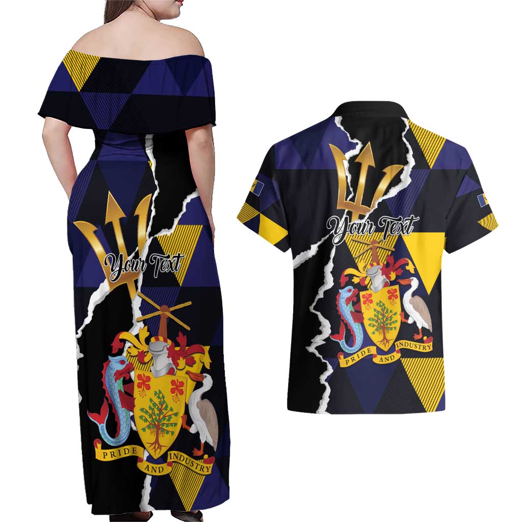 Personalized Barbados Emancipation Day Couples Matching Off Shoulder Maxi Dress and Hawaiian Shirt Luxury Gold Trident - Wonder Print Shop