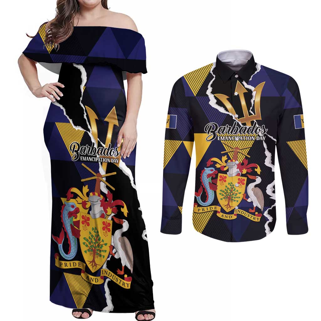 Personalized Barbados Emancipation Day Couples Matching Off Shoulder Maxi Dress and Long Sleeve Button Shirt Luxury Gold Trident - Wonder Print Shop