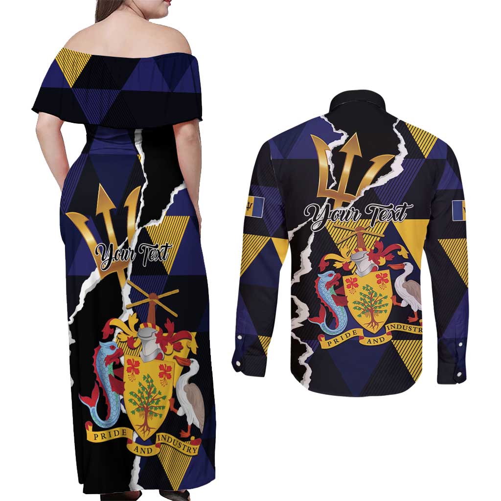 Personalized Barbados Emancipation Day Couples Matching Off Shoulder Maxi Dress and Long Sleeve Button Shirt Luxury Gold Trident - Wonder Print Shop
