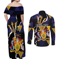 Personalized Barbados Emancipation Day Couples Matching Off Shoulder Maxi Dress and Long Sleeve Button Shirt Luxury Gold Trident - Wonder Print Shop