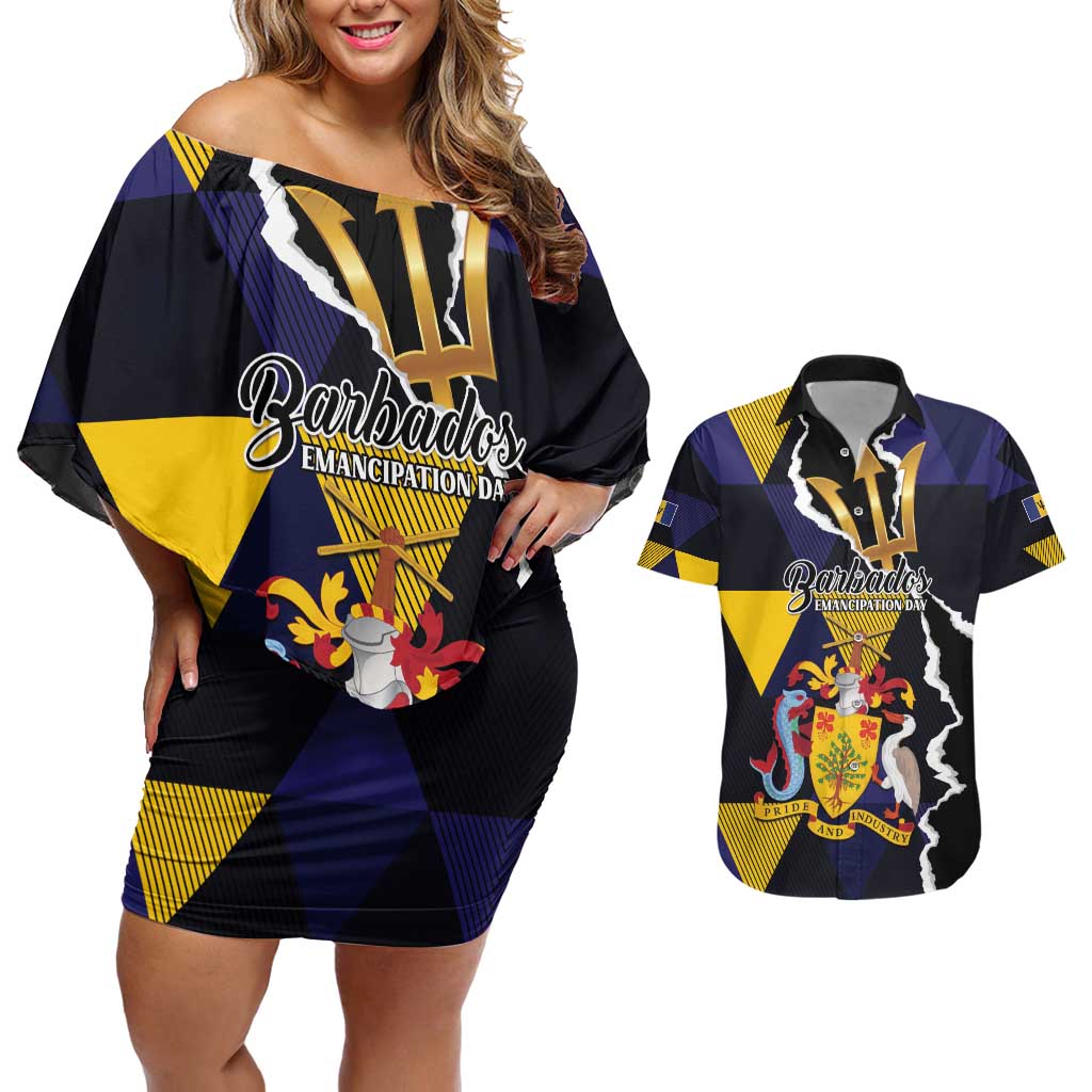Personalized Barbados Emancipation Day Couples Matching Off Shoulder Short Dress and Hawaiian Shirt Luxury Gold Trident - Wonder Print Shop