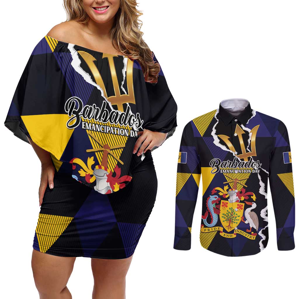 Personalized Barbados Emancipation Day Couples Matching Off Shoulder Short Dress and Long Sleeve Button Shirt Luxury Gold Trident - Wonder Print Shop