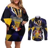 Personalized Barbados Emancipation Day Couples Matching Off Shoulder Short Dress and Long Sleeve Button Shirt Luxury Gold Trident - Wonder Print Shop