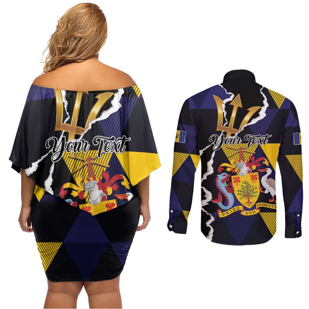 Personalized Barbados Emancipation Day Couples Matching Off Shoulder Short Dress and Long Sleeve Button Shirt Luxury Gold Trident - Wonder Print Shop