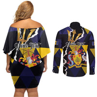 Personalized Barbados Emancipation Day Couples Matching Off Shoulder Short Dress and Long Sleeve Button Shirt Luxury Gold Trident - Wonder Print Shop
