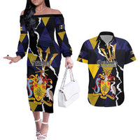 Personalized Barbados Emancipation Day Couples Matching Off The Shoulder Long Sleeve Dress and Hawaiian Shirt Luxury Gold Trident - Wonder Print Shop