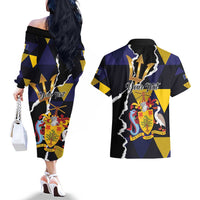 Personalized Barbados Emancipation Day Couples Matching Off The Shoulder Long Sleeve Dress and Hawaiian Shirt Luxury Gold Trident - Wonder Print Shop