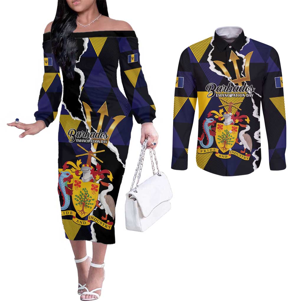Personalized Barbados Emancipation Day Couples Matching Off The Shoulder Long Sleeve Dress and Long Sleeve Button Shirt Luxury Gold Trident - Wonder Print Shop