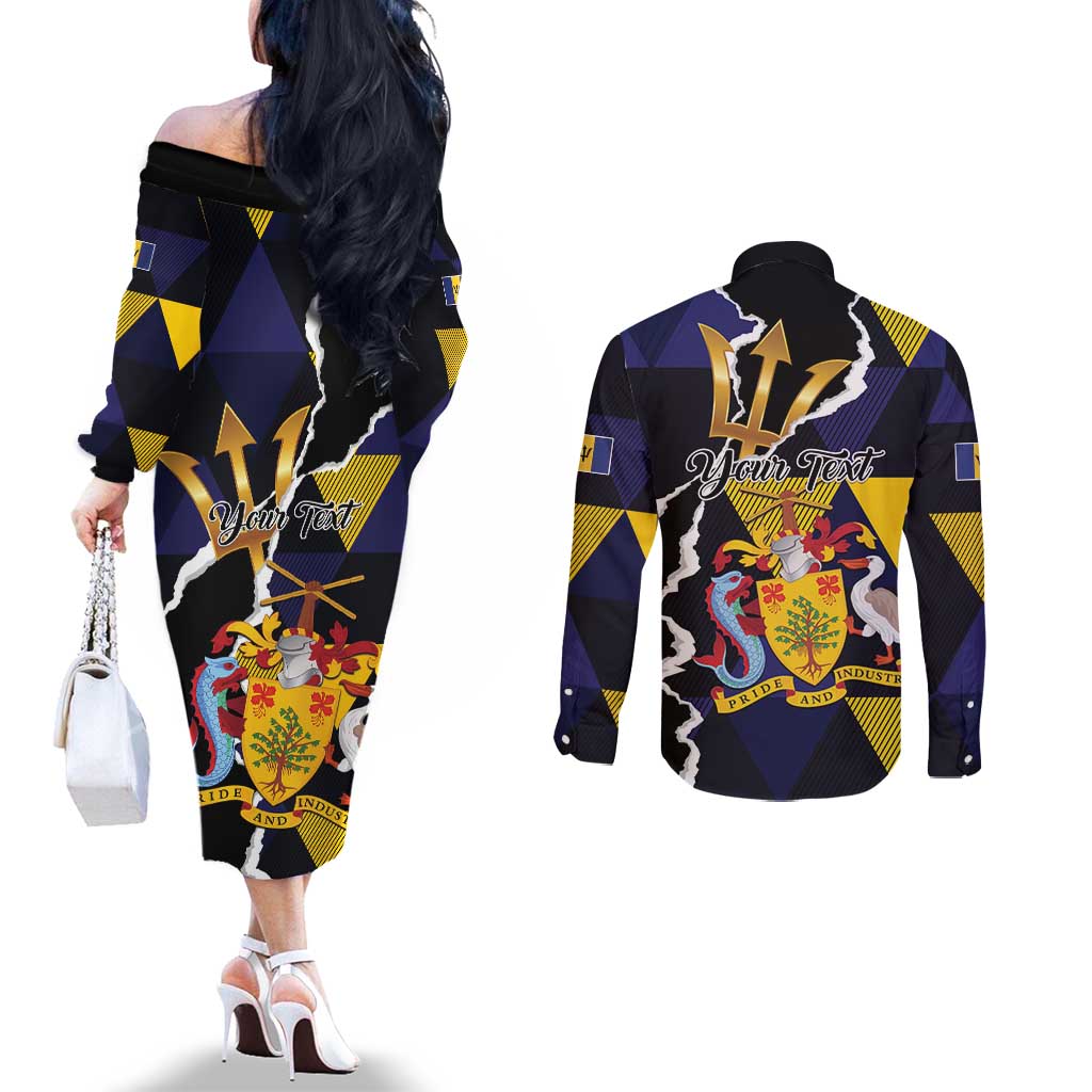 Personalized Barbados Emancipation Day Couples Matching Off The Shoulder Long Sleeve Dress and Long Sleeve Button Shirt Luxury Gold Trident - Wonder Print Shop