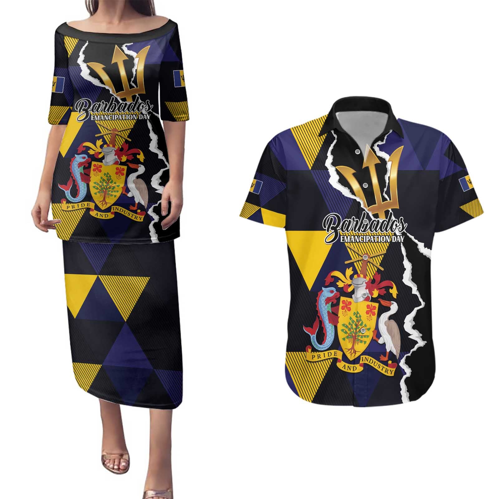 Personalized Barbados Emancipation Day Couples Matching Puletasi and Hawaiian Shirt Luxury Gold Trident - Wonder Print Shop