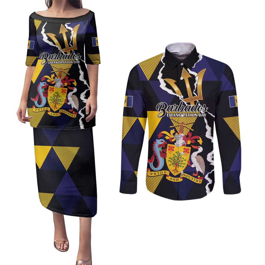 Personalized Barbados Emancipation Day Couples Matching Puletasi and Long Sleeve Button Shirt Luxury Gold Trident - Wonder Print Shop