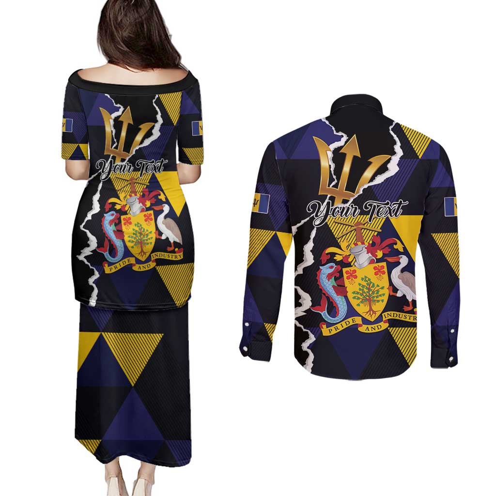 Personalized Barbados Emancipation Day Couples Matching Puletasi and Long Sleeve Button Shirt Luxury Gold Trident - Wonder Print Shop