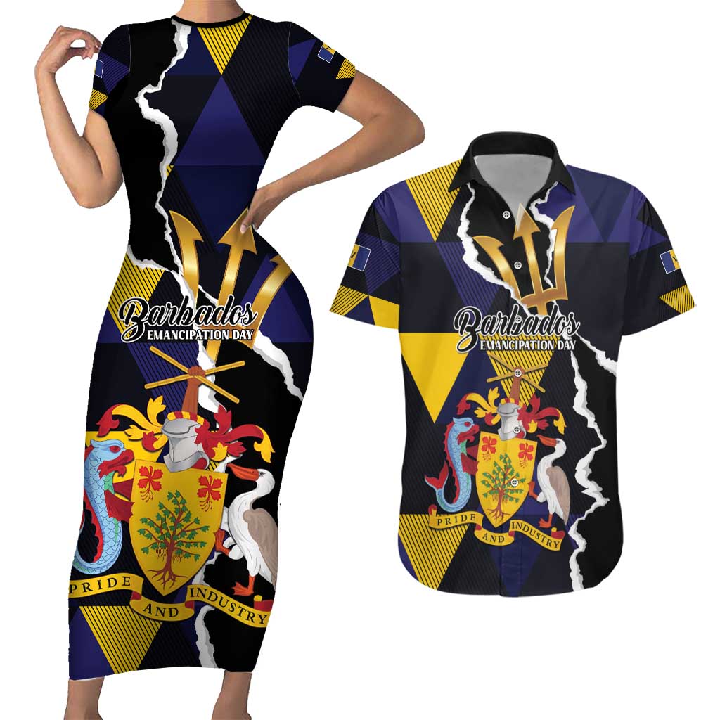 Personalized Barbados Emancipation Day Couples Matching Short Sleeve Bodycon Dress and Hawaiian Shirt Luxury Gold Trident - Wonder Print Shop