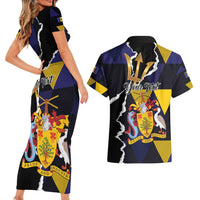 Personalized Barbados Emancipation Day Couples Matching Short Sleeve Bodycon Dress and Hawaiian Shirt Luxury Gold Trident - Wonder Print Shop