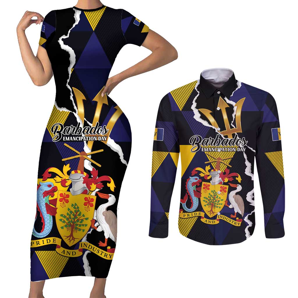 Personalized Barbados Emancipation Day Couples Matching Short Sleeve Bodycon Dress and Long Sleeve Button Shirt Luxury Gold Trident - Wonder Print Shop
