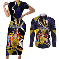 Personalized Barbados Emancipation Day Couples Matching Short Sleeve Bodycon Dress and Long Sleeve Button Shirt Luxury Gold Trident - Wonder Print Shop